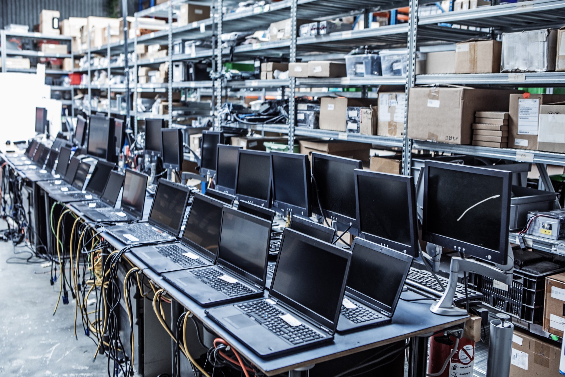 A warehouse of laptop recycling